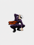 A die-cut sticker featuring the anime character Satoru Gojo from Jujutsu Kaisen in a crouching pose, wearing a dark purple gi with his signature white hair visible, and the text 'SATORU GOJO' in orange and black. The sticker is presented on a solid light gray background.
