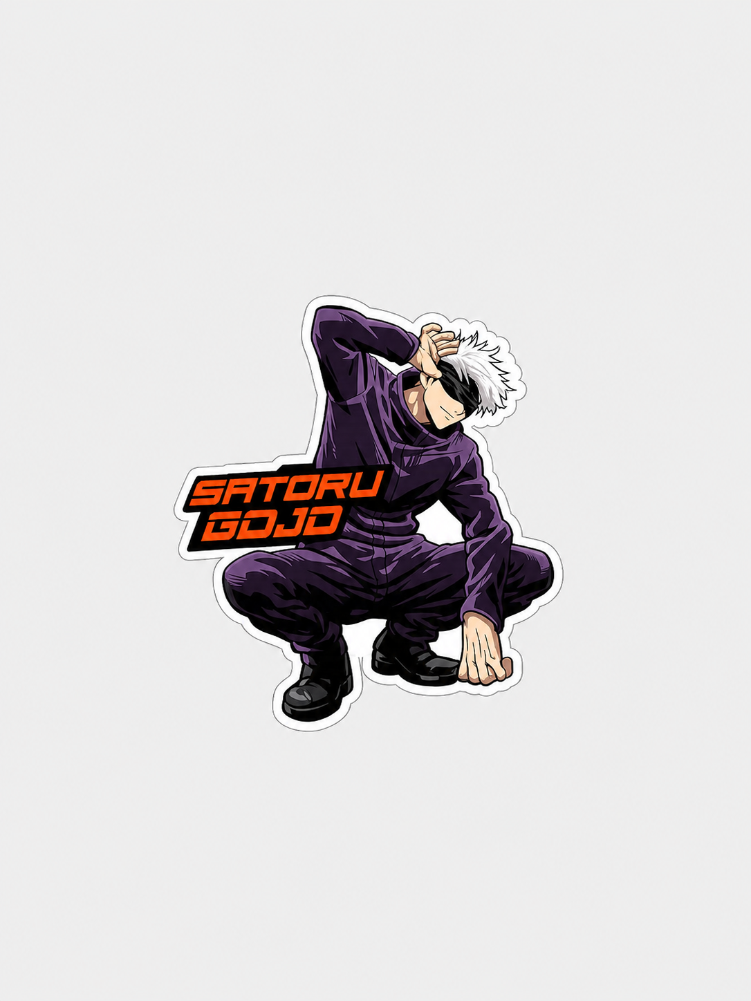 A die-cut sticker featuring the anime character Satoru Gojo from Jujutsu Kaisen in a crouching pose, wearing a dark purple gi with his signature white hair visible, and the text 'SATORU GOJO' in orange and black. The sticker is presented on a solid light gray background.