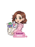 Skincare Girlie sticker featuring a cute chibi girl in a pink hoodie holding a tote bag filled with skincare products, including cleanser, cream, sprays, and a clay mask.