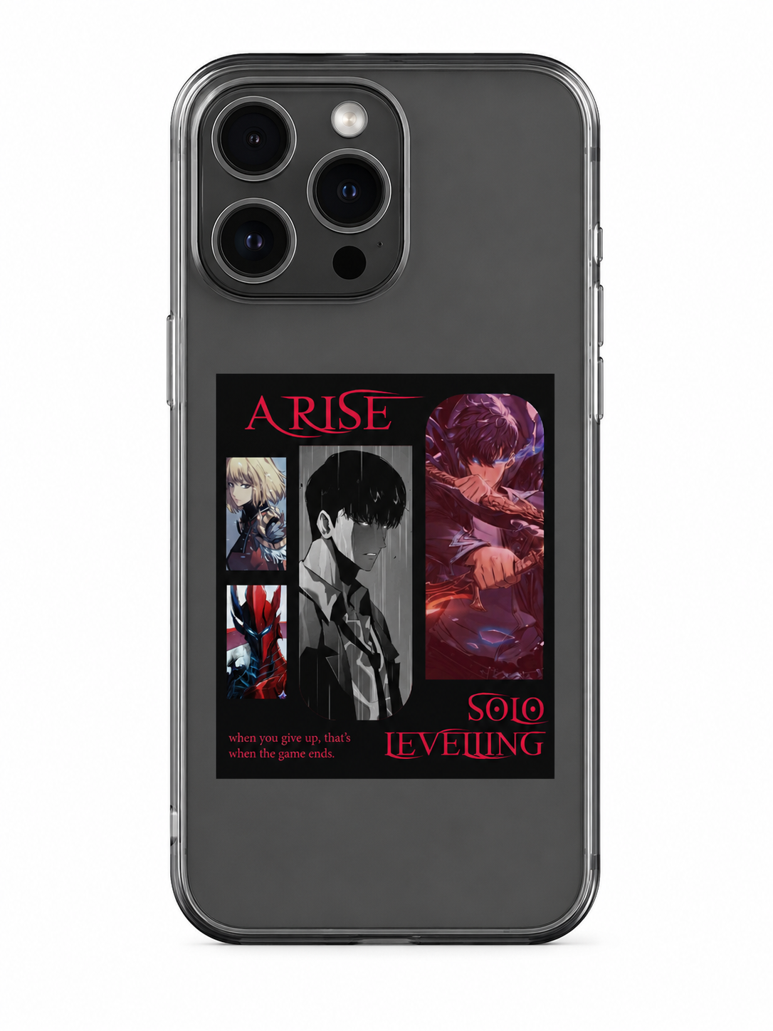 A dark gray protective phone case featuring a graphic print from the anime Solo Leveling. The print displays character art and the text 'ARISE' and 'SOLO LEVELING' in red and white.