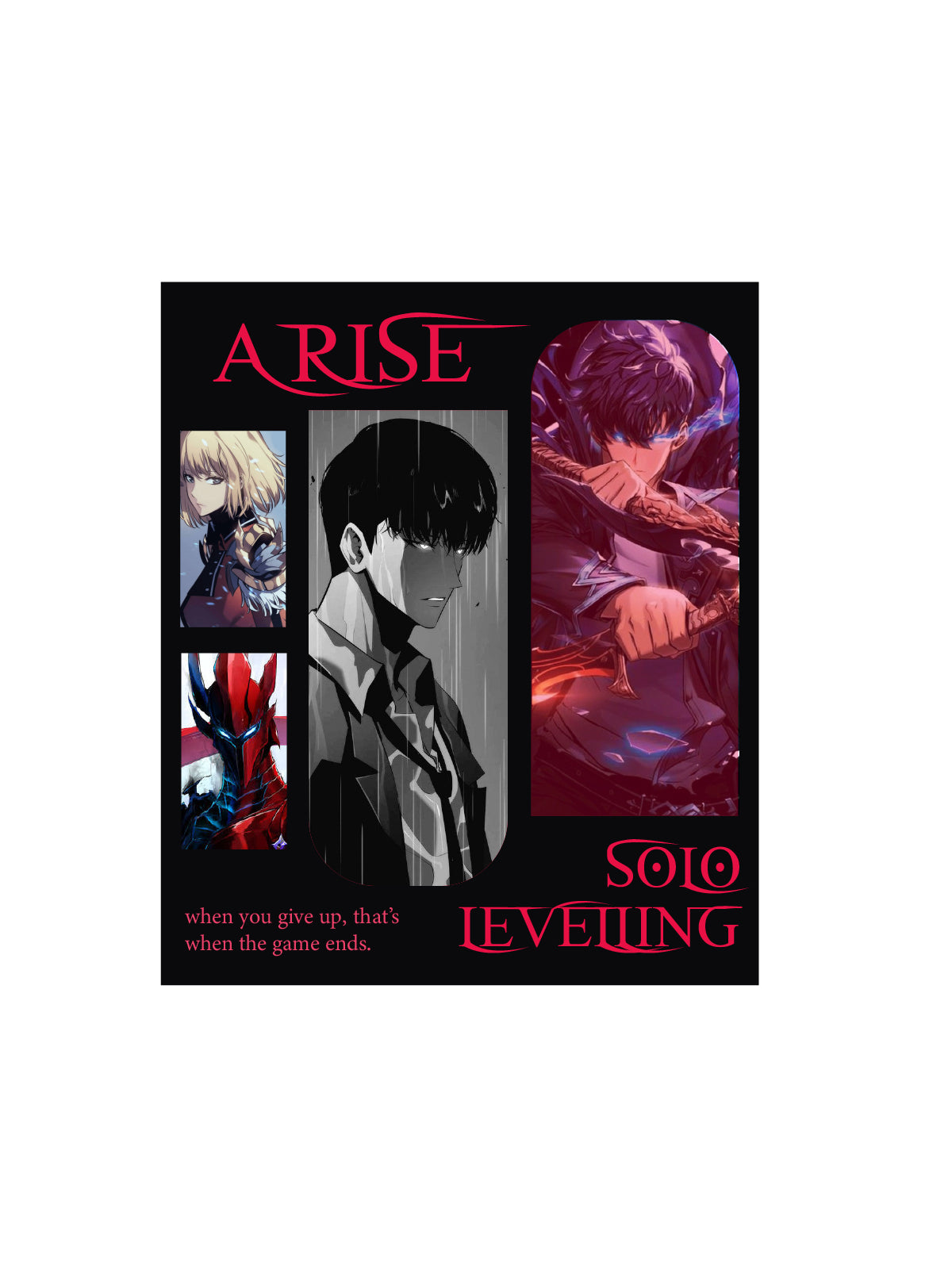 A square graphic stickerfeaturing anime-style artwork and text. The design has a black background with red stylized text reading 'ARISE' at the top and 'SOLO LEVELING' at the bottom right.