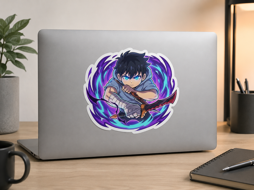 A die-cut vinyl sticker featuring an anime-style character with spiky black hair and blue eyes, surrounded by a swirling purple and blue energy effect, shown applied to the back of a silver laptop on a wooden desk.