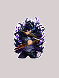 A die-cut sticker featuring an anime-style illustration of a dark-haired character in a black outfit holding a sword, surrounded by purple and black energy effects, shown on a solid light gray background.