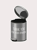 A die-cut sticker of a silver metal trash can with its lid open, featuring the text 'THANK YOU FOR YOUR OPINION' in white. The sticker is shown on a solid light gray background.