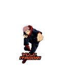 A die-cut sticker featuring the anime character Yuji Itadori in a dynamic pose, wearing a dark navy and red outfit, with his name printed below in orange and black.