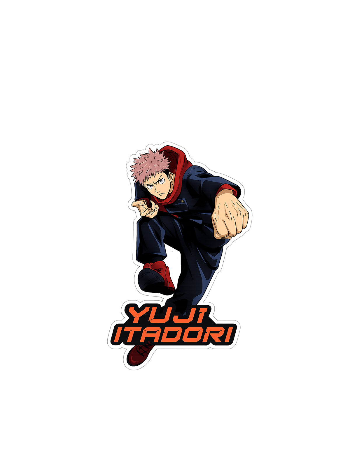 A die-cut sticker featuring the anime character Yuji Itadori in a dynamic pose, wearing a dark navy and red outfit, with his name printed below in orange and black.